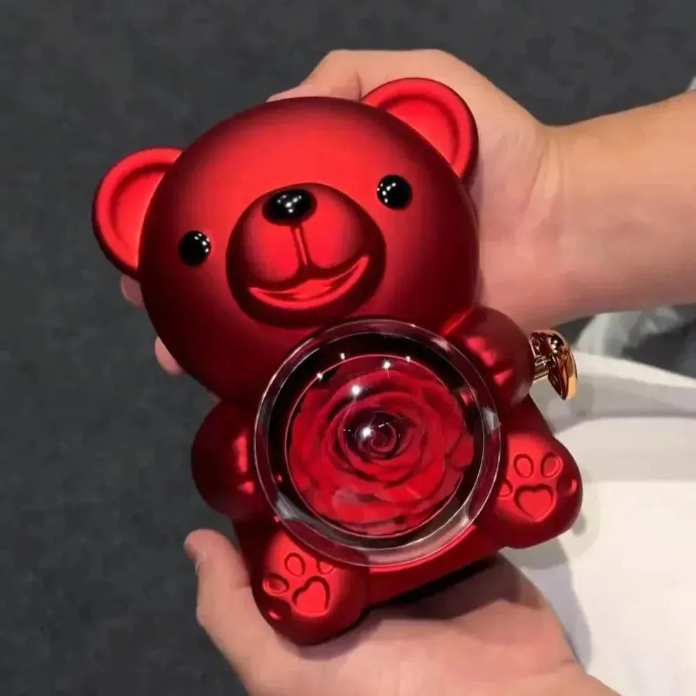 Eternal Rose Teddy Bear Gift Box with Personalized Engraved Heart Necklace