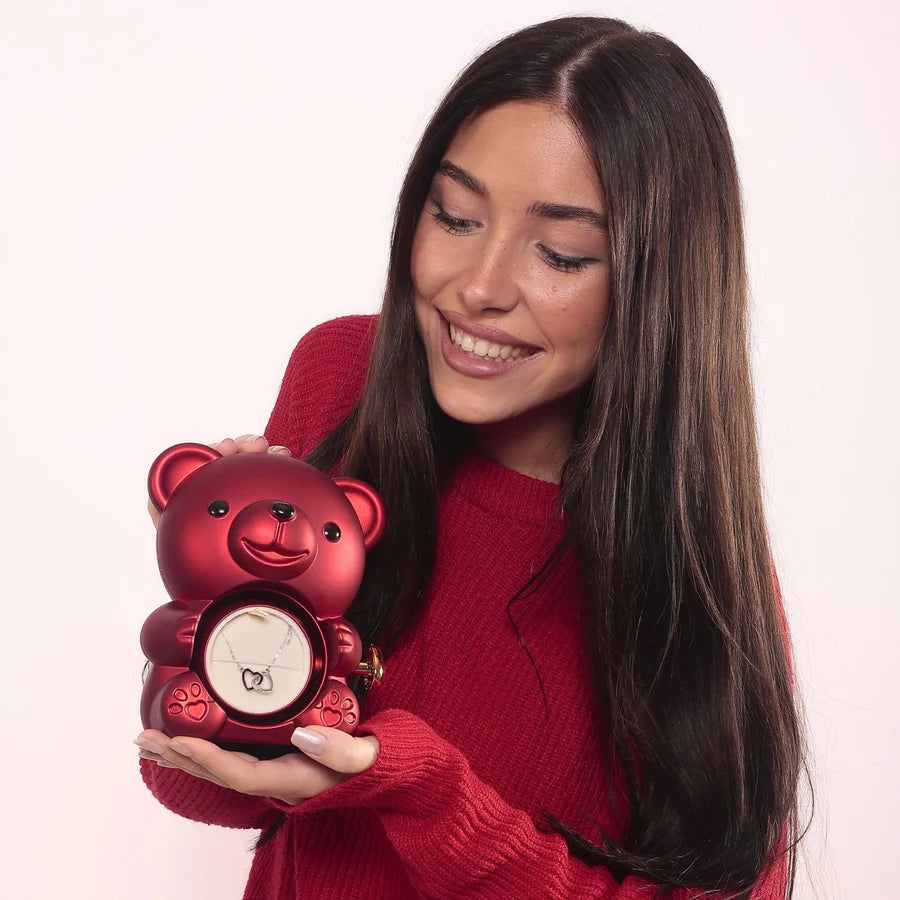 Eternal Rose Teddy Bear Gift Box with Personalized Engraved Heart Necklace