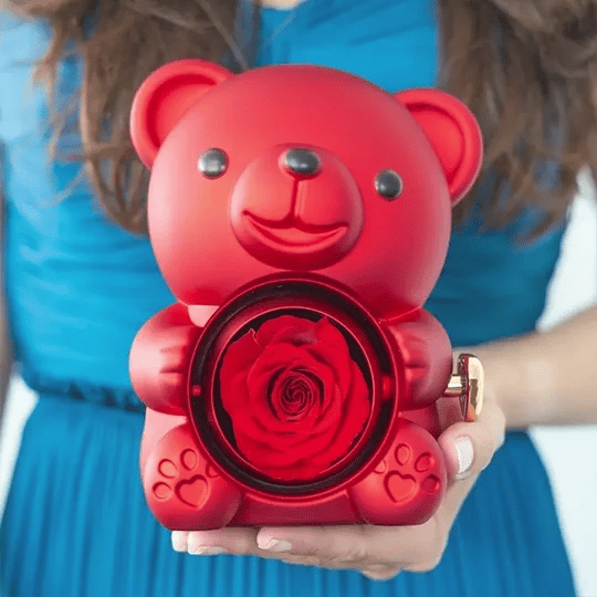 Eternal Rose Teddy Bear Gift Box with Personalized Engraved Heart Necklace