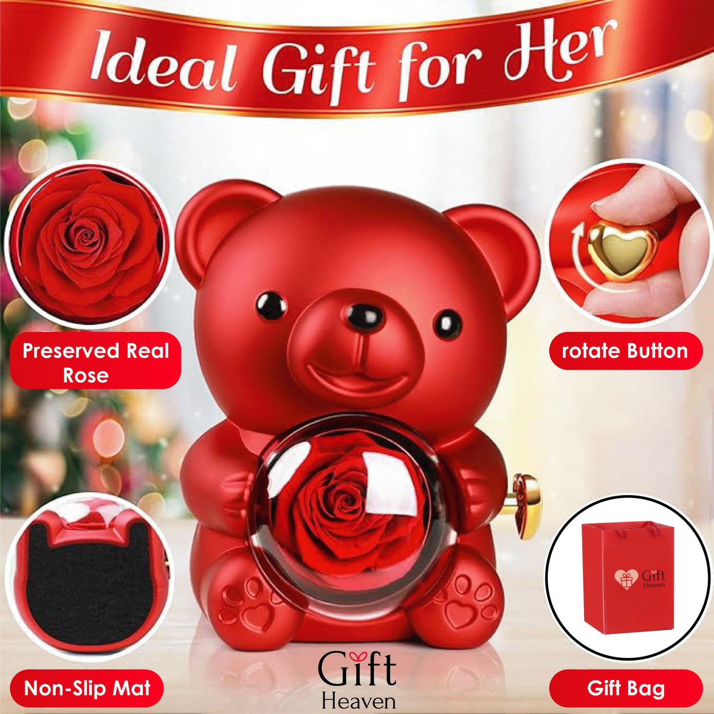 Teddy Bear Eternal Rose Flower Rotating Gift Box (Without Necklace)