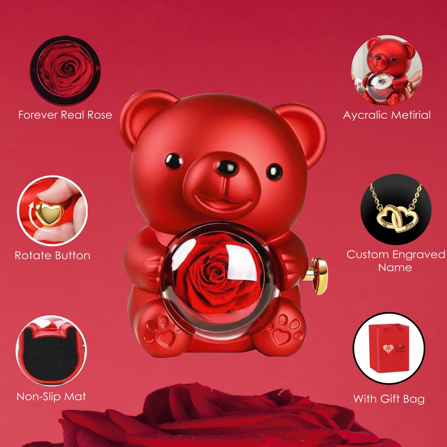 Eternal Rose Teddy Bear Gift Box with Personalized Engraved Heart Necklace