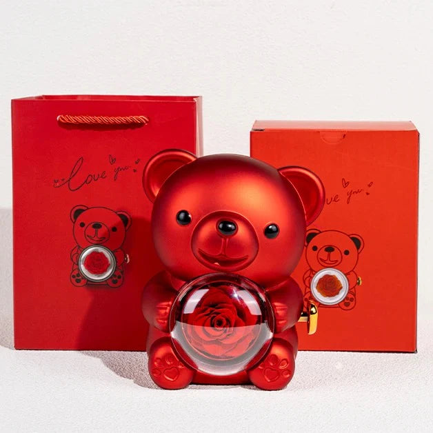 Teddy Bear Eternal Rose Flower Rotating Gift Box (Without Necklace)