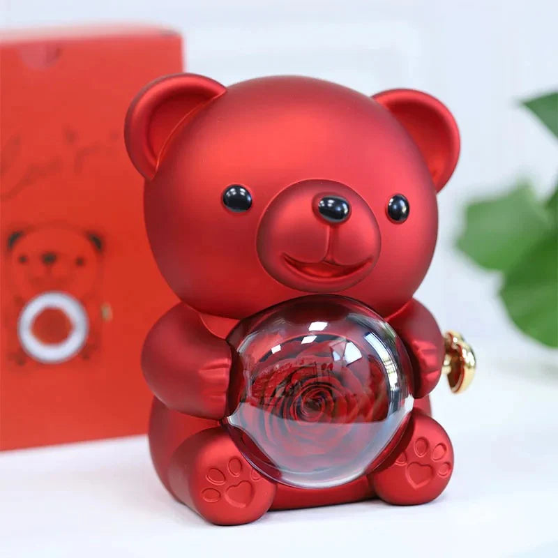 Cute Teddy Gift Box with Real Rose & Lovely Heart Pendant Necklace