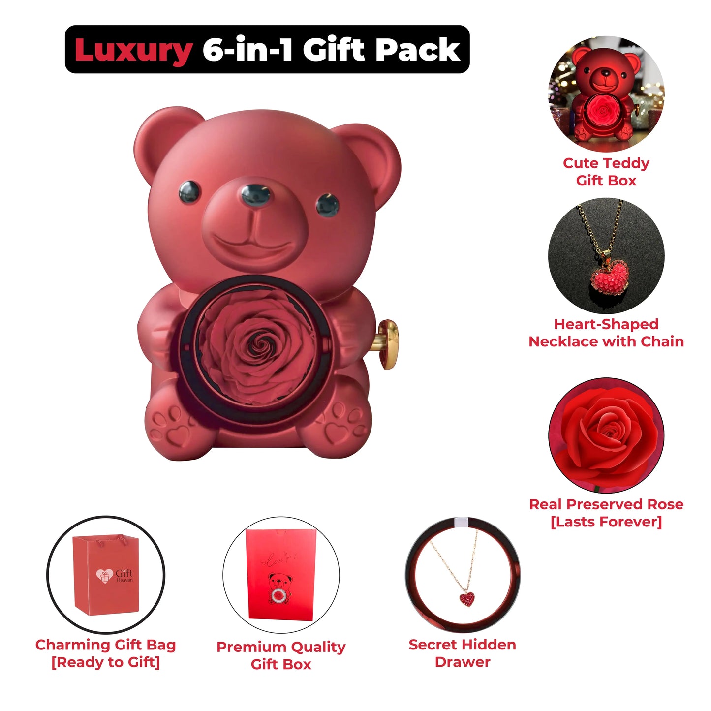 Cute Teddy Gift Box with Real Rose & Lovely Heart Pendant Necklace