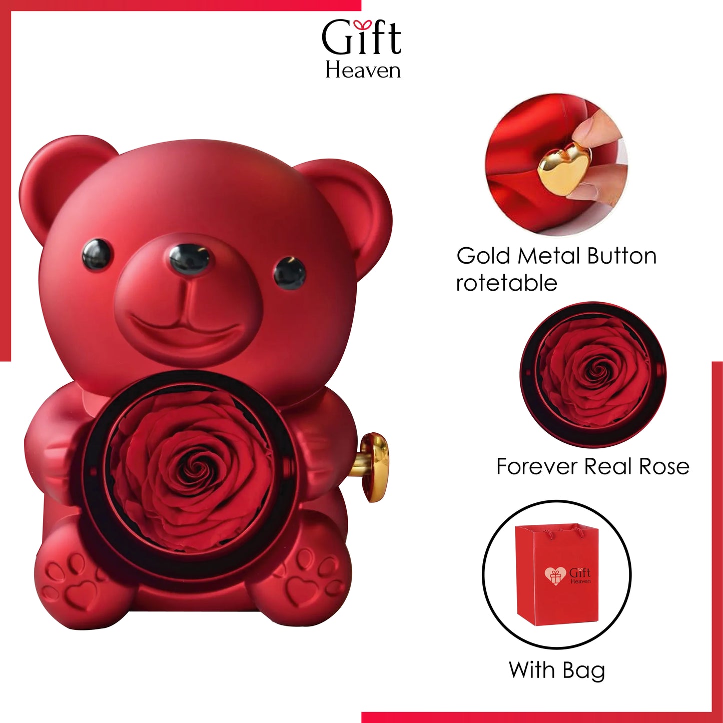 Teddy Bear Eternal Rose Flower Rotating Gift Box (Without Necklace)