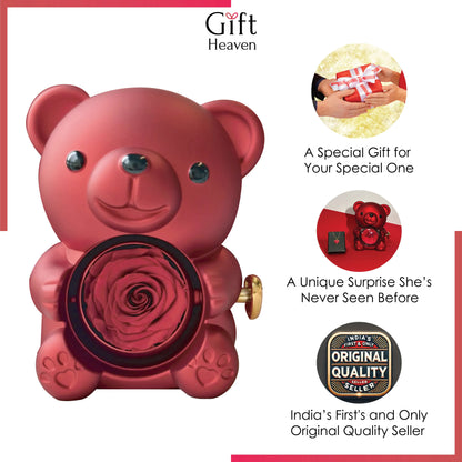 Cute Teddy Gift Box with Real Rose & Lovely Heart Pendant Necklace