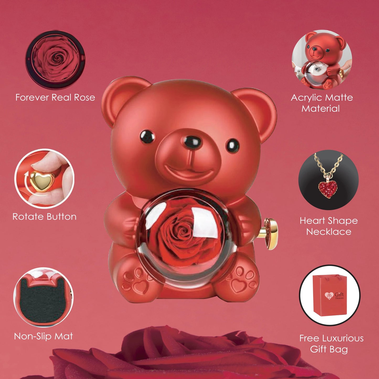 Cute Teddy Gift Box with Real Rose & Lovely Heart Pendant Necklace