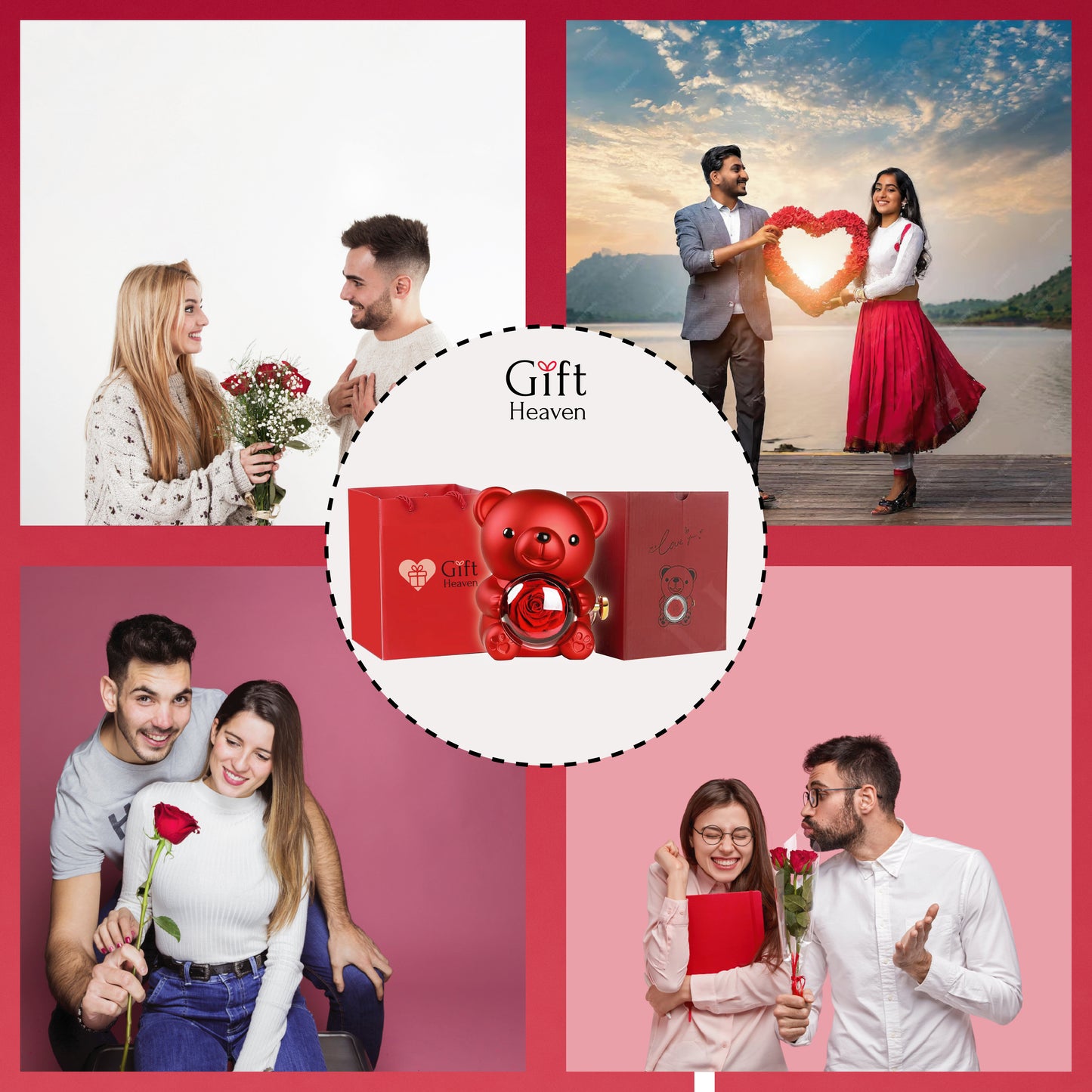 Cute Teddy Gift Box with Real Rose & Lovely Heart Pendant Necklace